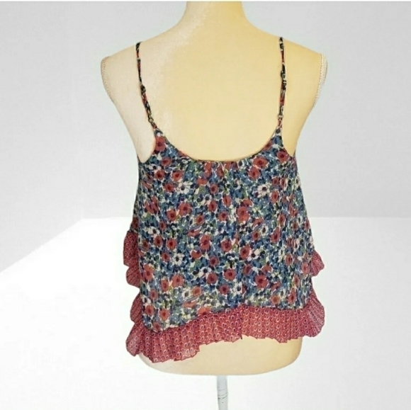 A&F Xs Floral Layered Tank Top Blouse Red Blue Hi-Lo Spaghetti Straps - Picture 3 of 6